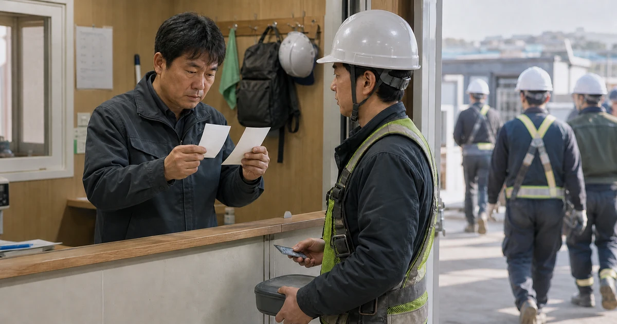 건설현장 이동식 창구에서 두 장의 무기명 지급 자료를 비교하고 있는 현장관리자와 근로자