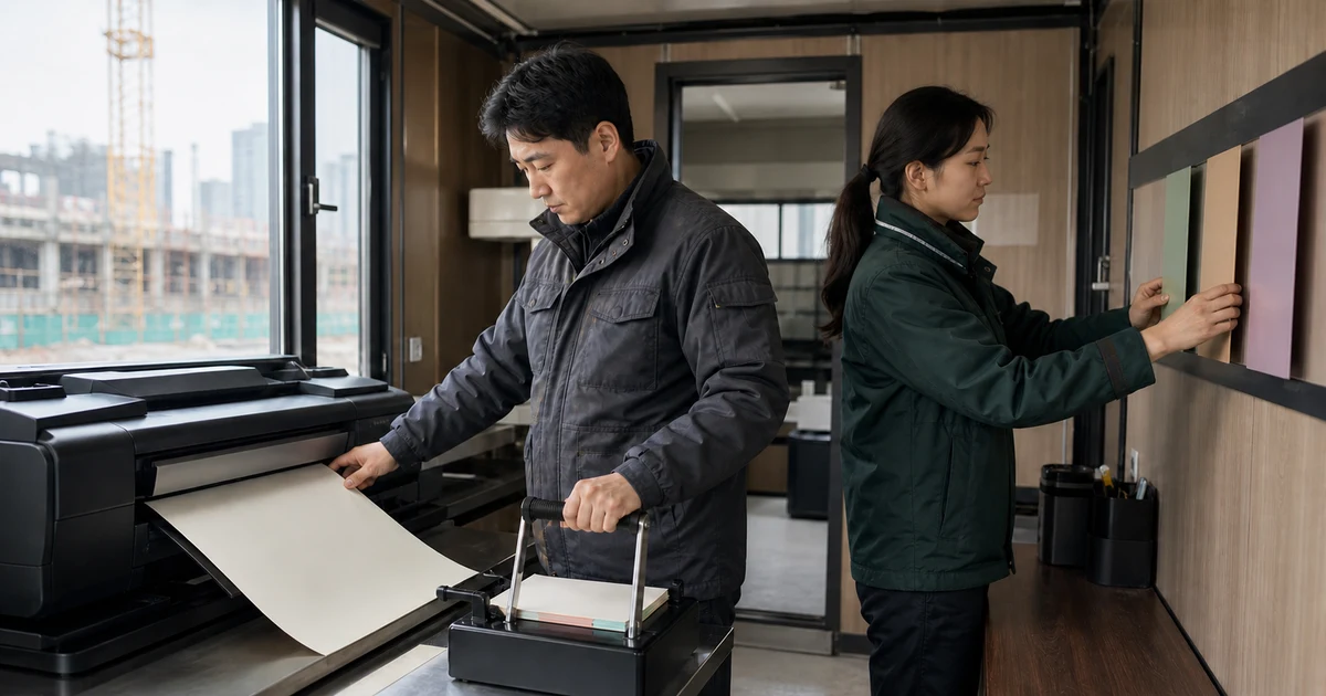 건설현장 문서 출력실에서 자료를 출력·제본하고 색상별 증빙묶음을 배열하는 담당자들