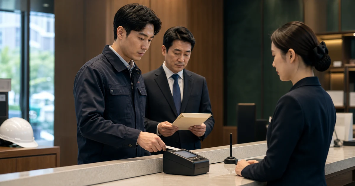 은행 기업창구에서 건설회사 담당자가 납부 전 무기명 고지서와 결제단말을 확인하는 장면