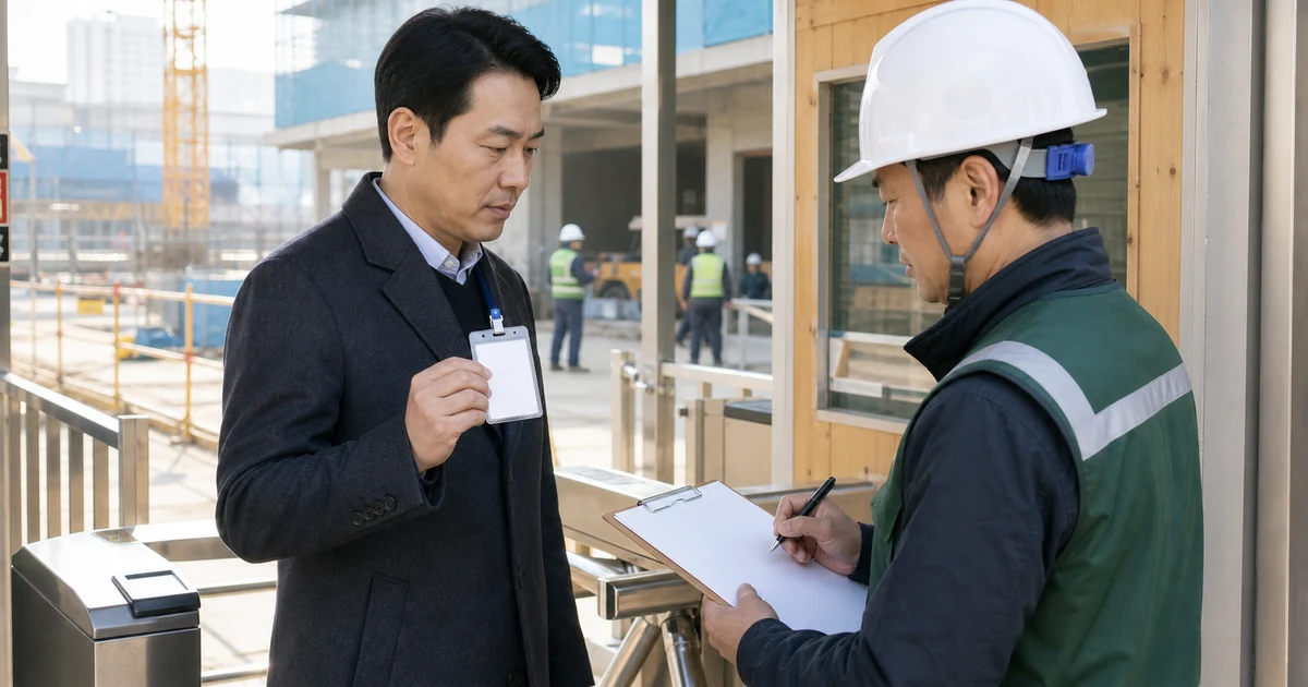 건설현장 출입구에서 공단 조사자의 신분증을 확인하고 방문기록을 작성하는 현장 책임자