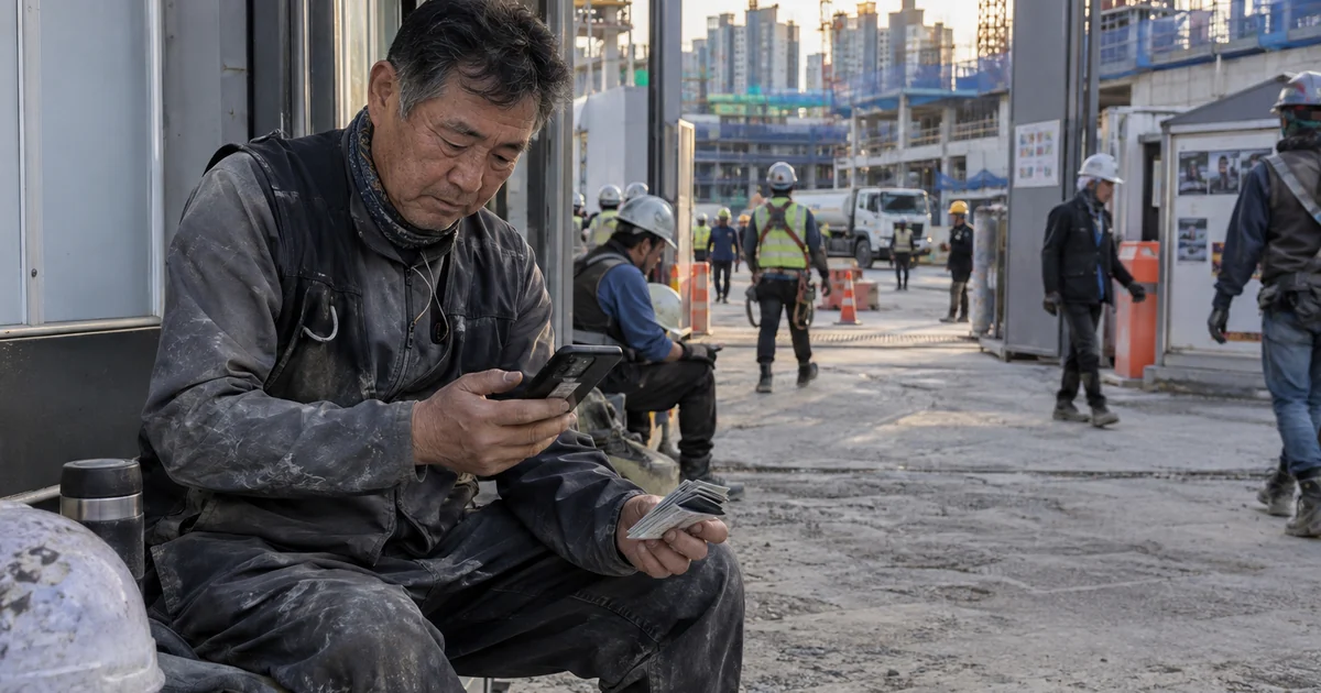 여러 건설현장의 출역 기록과 퇴직공제 적립 내역을 휴대전화로 확인하는 근로자