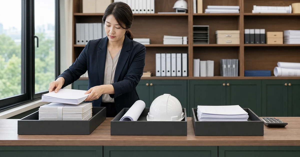 건설사 담당자가 연간 보험료 신고서, 공사 준공 서류, 보험료 납입확인서를 세 묶음으로 나누어 확인하고 있다
