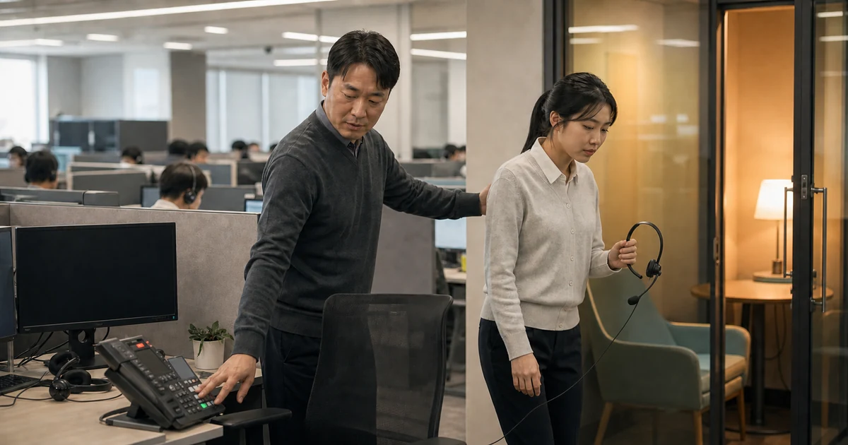 사무실에서 한 사람이 헤드셋을 손에 든 직원의 등에 손을 얹어 자리에서 조용한 방 쪽으로 데려가고 있다