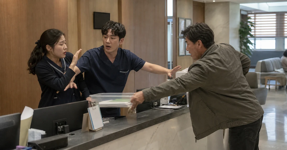 병원 접수창구에서 흥분한 보호자와 거리를 두며 동료가 근로자를 보호하는 모습