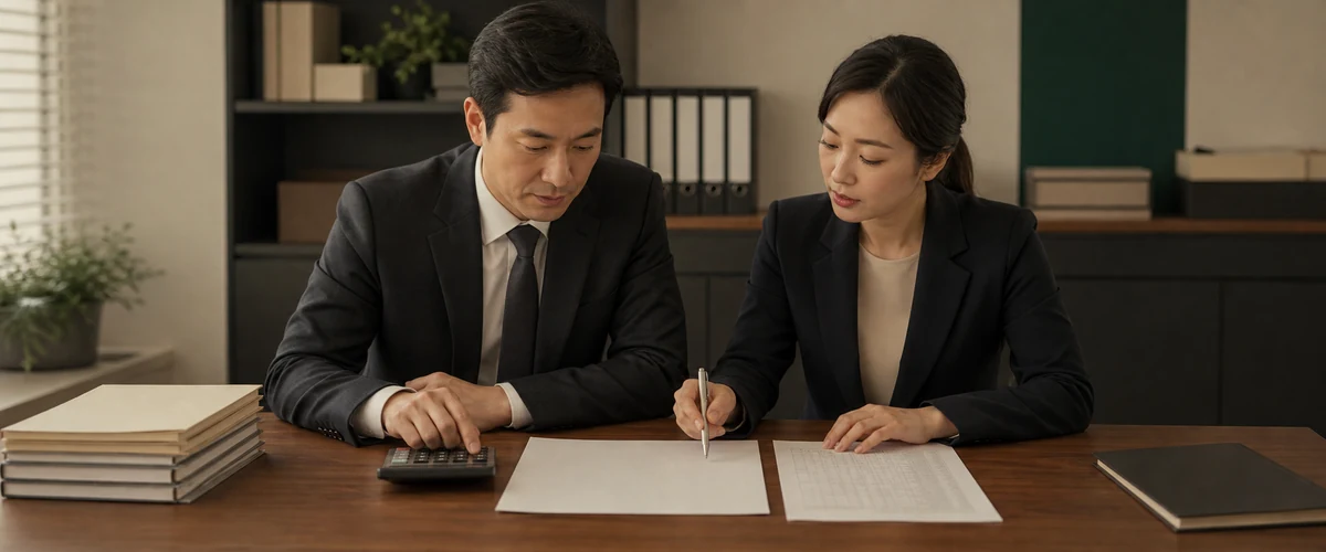 회의 탁자에서 두 사람이 계산기와 급여 서류를 놓고 항목을 짚어 보고 있다