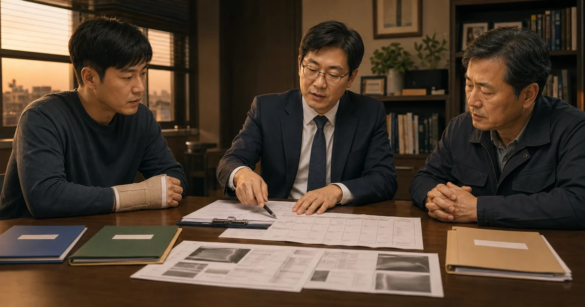 손목을 다친 근로자가 회사와 마주 앉아 처리 방식을 설명받는 모습