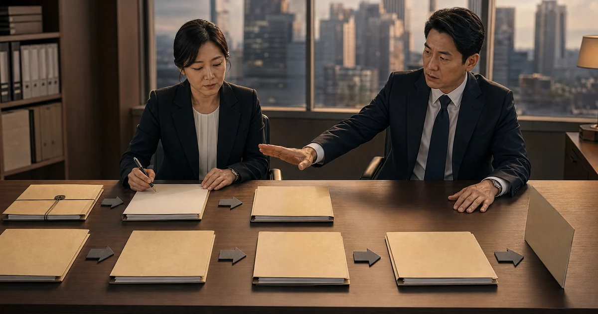 회의실 책상을 사이에 두고 인사담당자와 관리자가 서류를 놓고 징계를 논의하고 있다