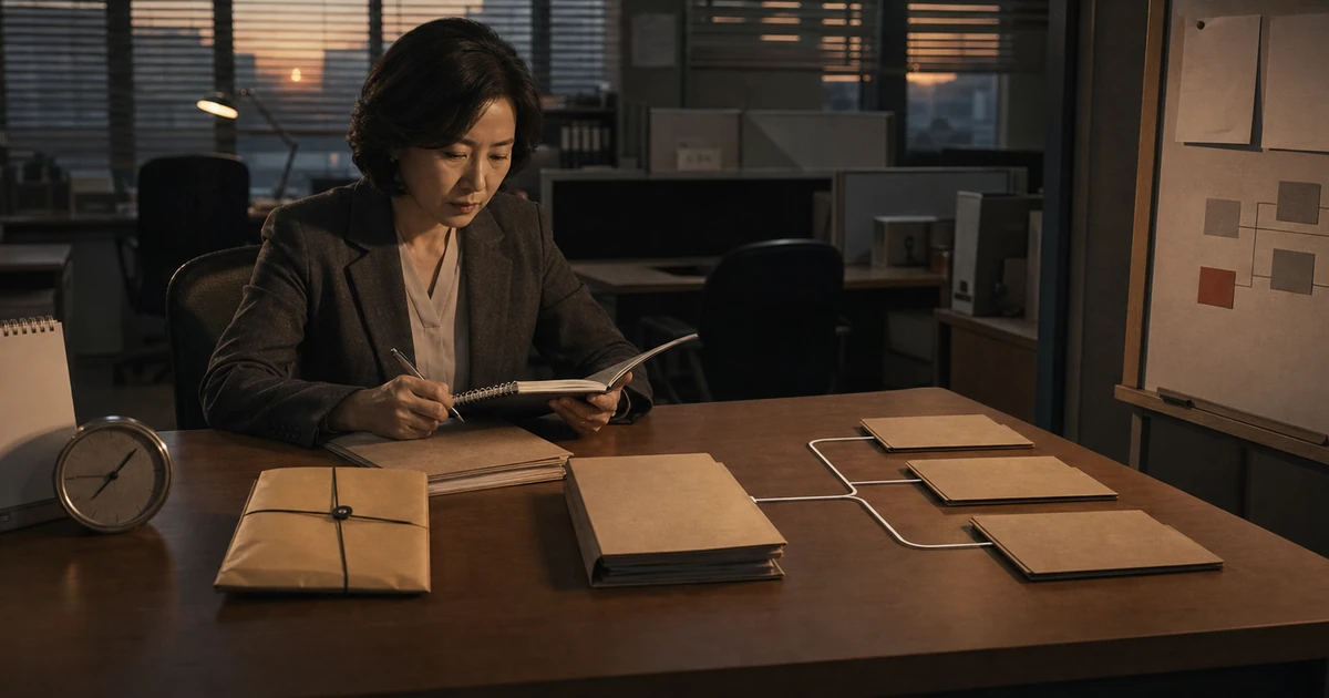담당자가 밤늦게 홀로 신고 서류를 넘겨 보고 있고, 책상 위에서 한 갈래가 세 갈래로 갈라져 있다