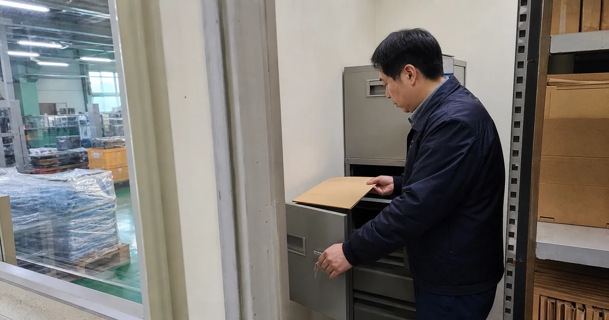 인사담당자가 사업장 기록보관실에서 취하 요청이 포함된 사건 서류를 잠금 보관하는 모습