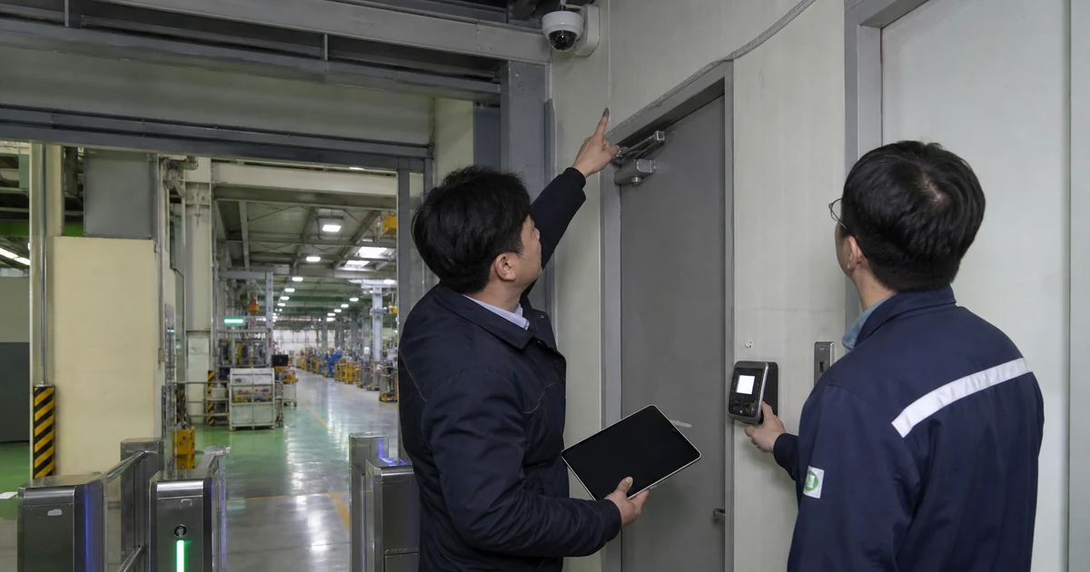 조사담당자가 제조 현장의 사건 장소에서 출입기록 장치와 천장 CCTV 위치를 확인하는 모습
