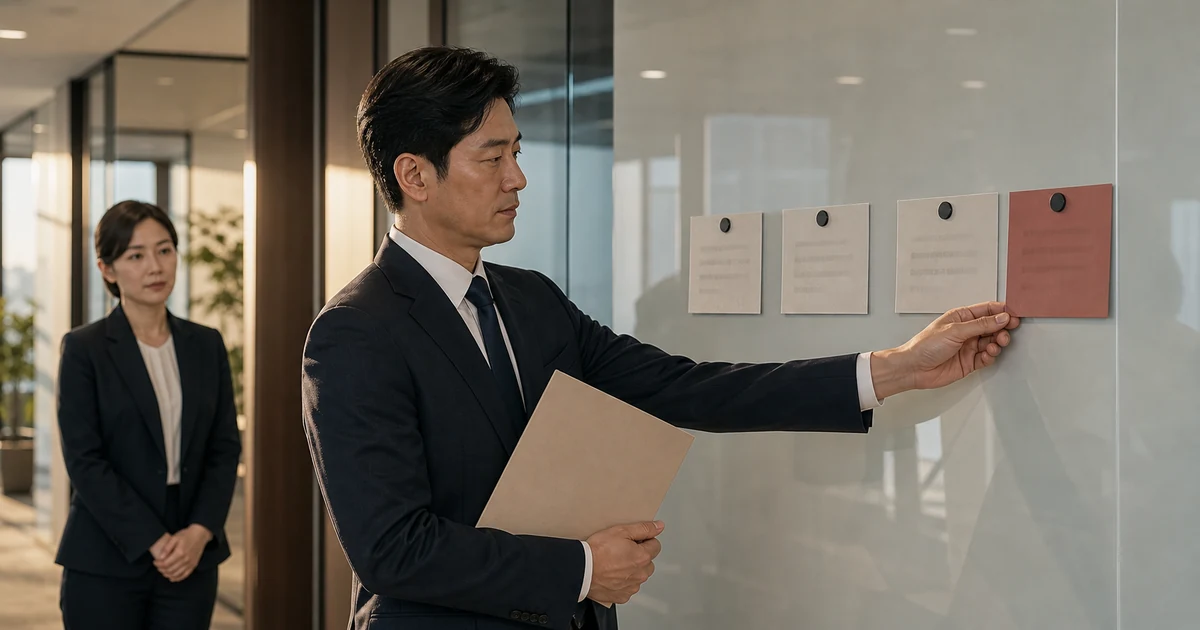 회의실 화이트보드에 나란히 붙은 종이 넉 장 가운데 마지막 붉은 장에 한 사람이 손을 대고 있고 뒤에서 다른 사람이 지켜보고 있다