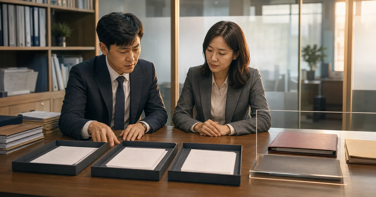 두 사람이 나란히 앉아 세 개의 서류함에 나뉘어 담긴 조사 결과를 내려다보고 있다