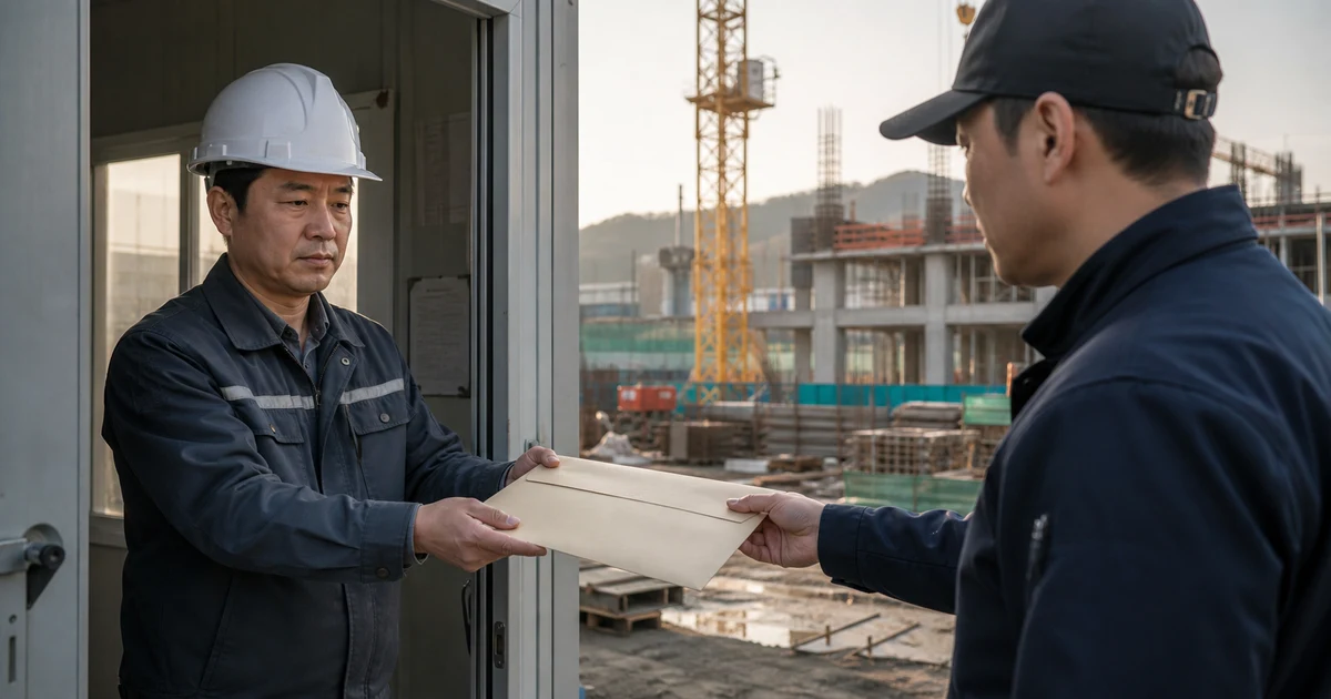 건설현장 출입 기록을 확인하는 안전장비를 갖춘 관리자와 인사담당자