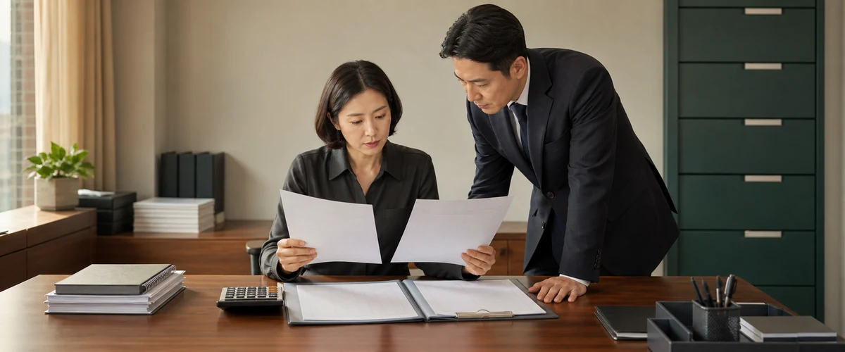 사무실에서 두 사람이 종이 두 장을 나란히 들고 서로 다른 금액을 견주어 보고 있다