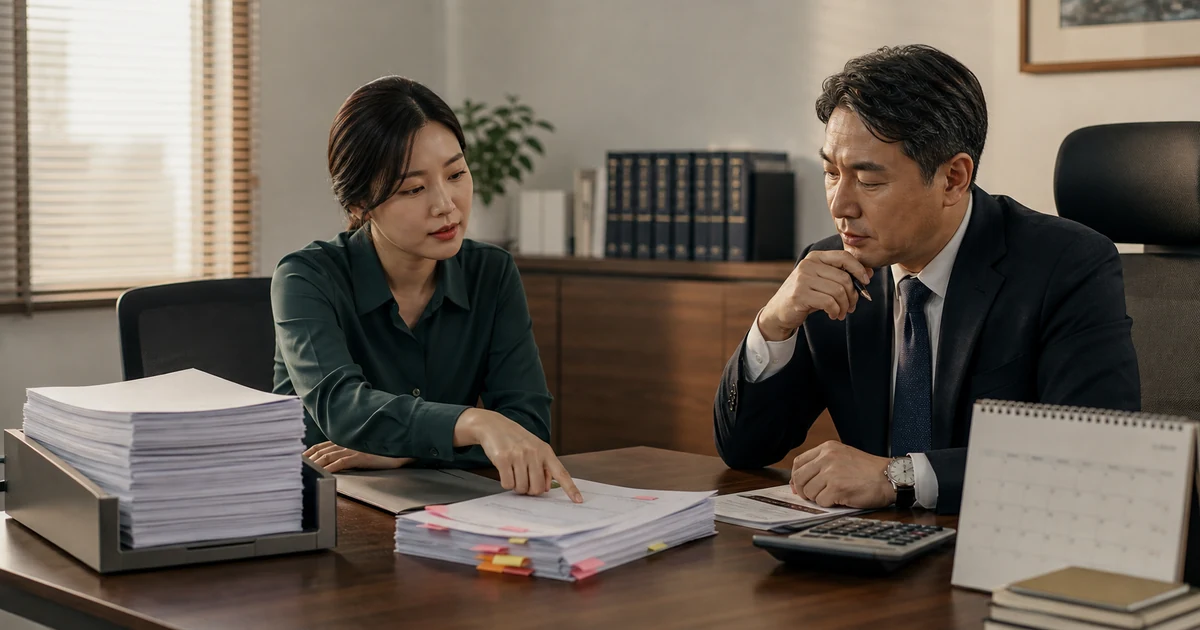 근로감독 자체점검을 위해 회사 자료를 확인하는 담당자