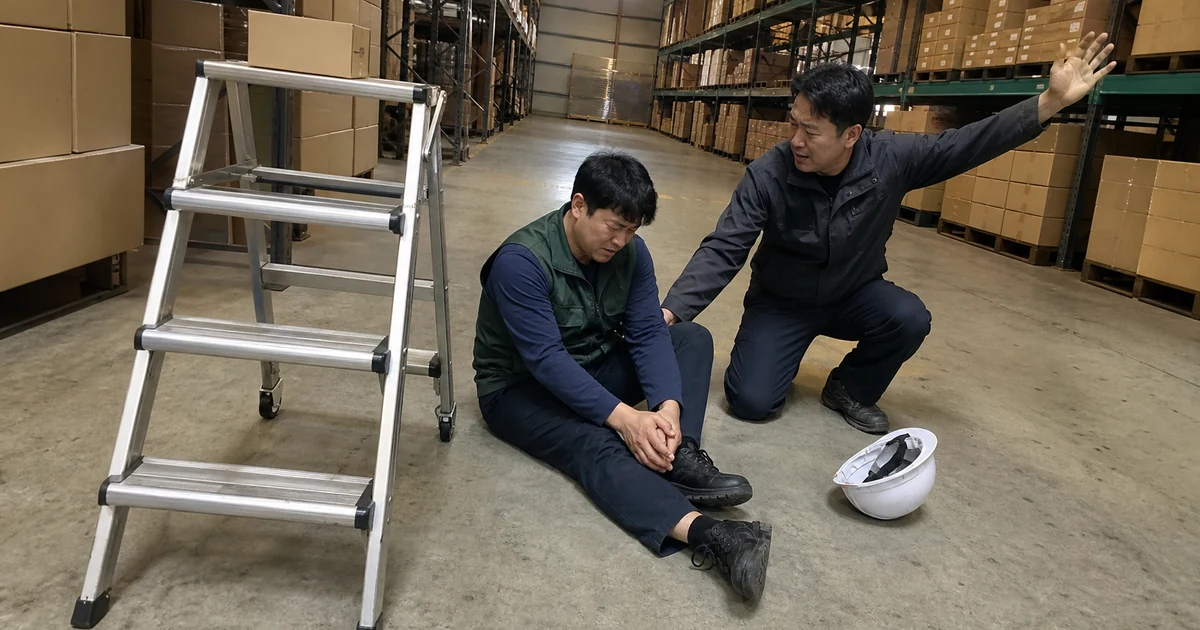물류창고에서 사다리 작업 중 발목을 다친 근로자와 도움을 요청하는 동료