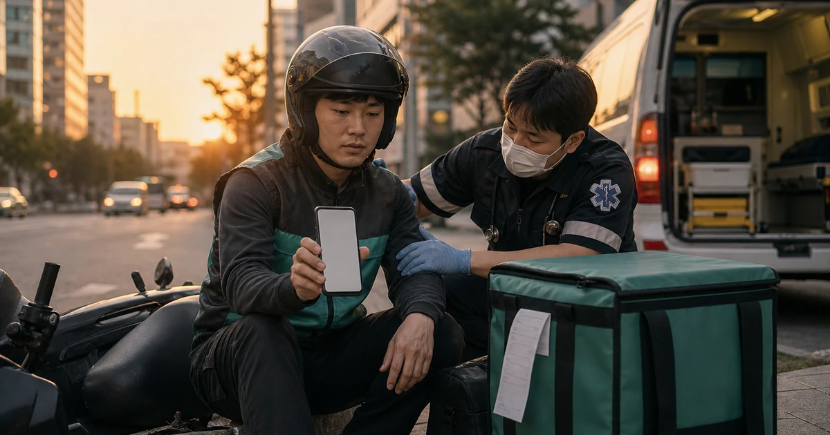 사고 직후 라이더가 배달 앱 화면을 들어 보이고 구급대원이 상태를 살피는 모습