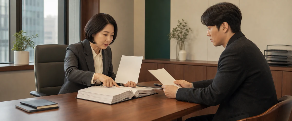 회의실에서 마주 앉은 두 사람이 두꺼운 규정집을 펴 놓고 서류를 주고받고 있다