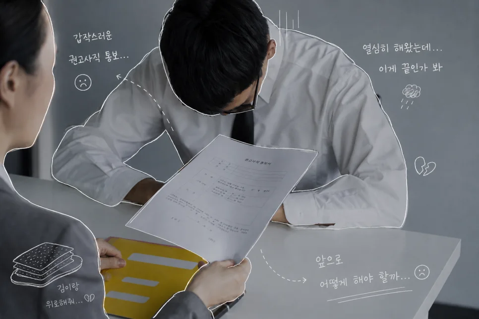 권고사직 통보서를 받아 든 사람의 심경이 손글씨로 적힌 그림