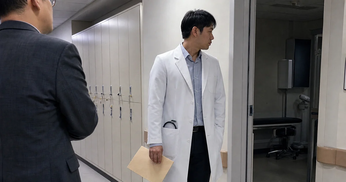 병원 복도에서 인사담당자에게 서류 봉투를 받은 봉직의