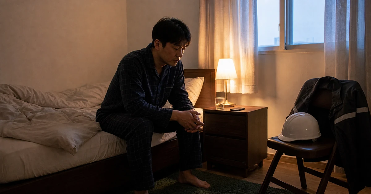 직장 사고를 목격한 뒤 새벽까지 잠들지 못하고 침대 가장자리에 앉아 있는 근로자