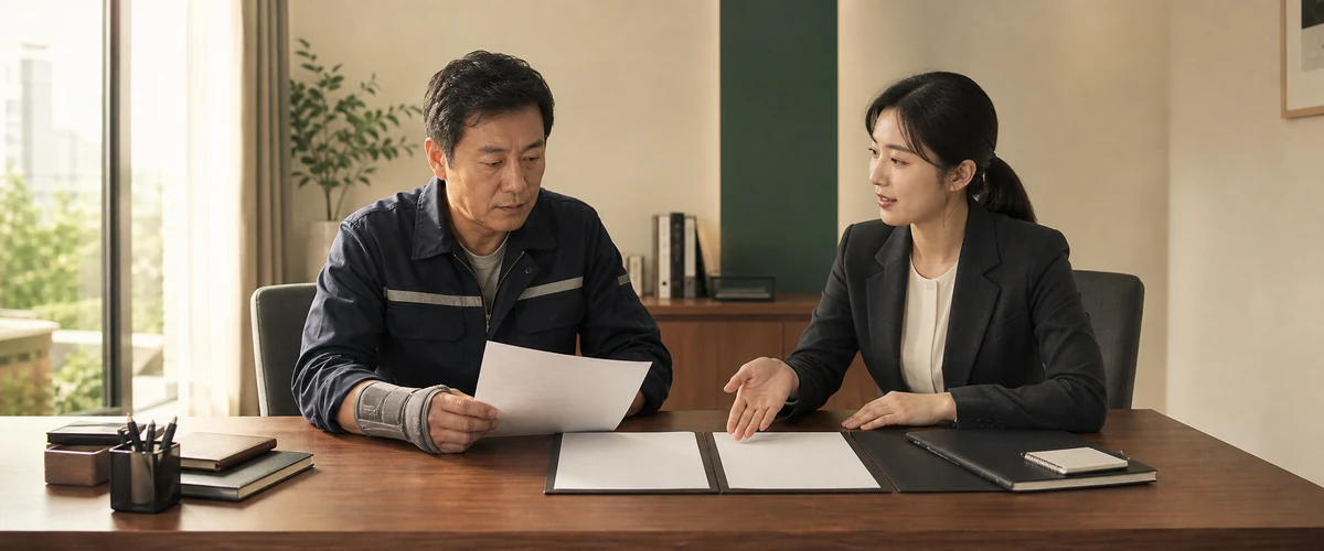 손목에 보호대를 한 작업복 차림 남성이 서류를 읽고 담당자가 펼친 서류철을 짚어 설명하고 있다