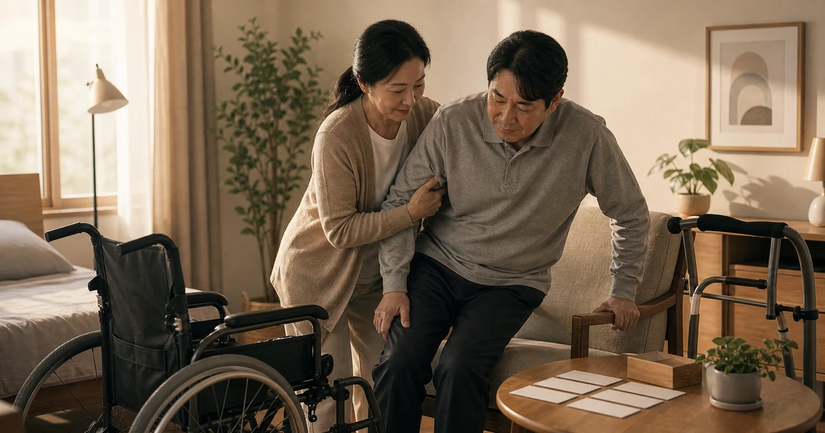 집에서 배우자의 부축을 받아 일어서는 모습, 곁에 휠체어와 보행기