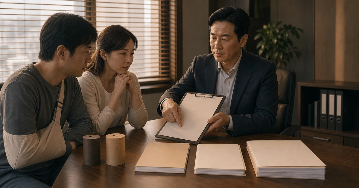 팔을 다친 근로자와 배우자가 상담실에서 진행 방식을 설명받는 모습