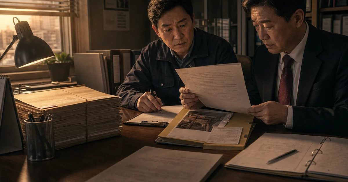 작업복 차림의 담당자와 상담자가 신고 서류를 함께 살펴보는 모습