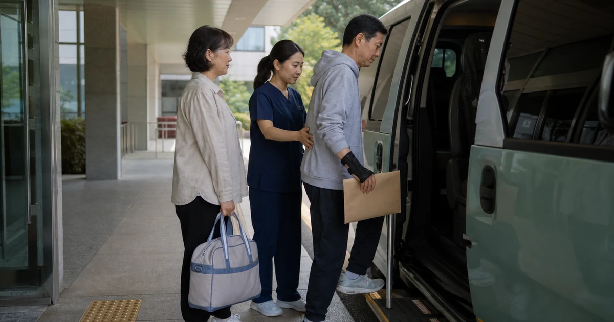 산재 치료 중인 근로자가 전원서류를 들고 다른 병원으로 이동하는 모습