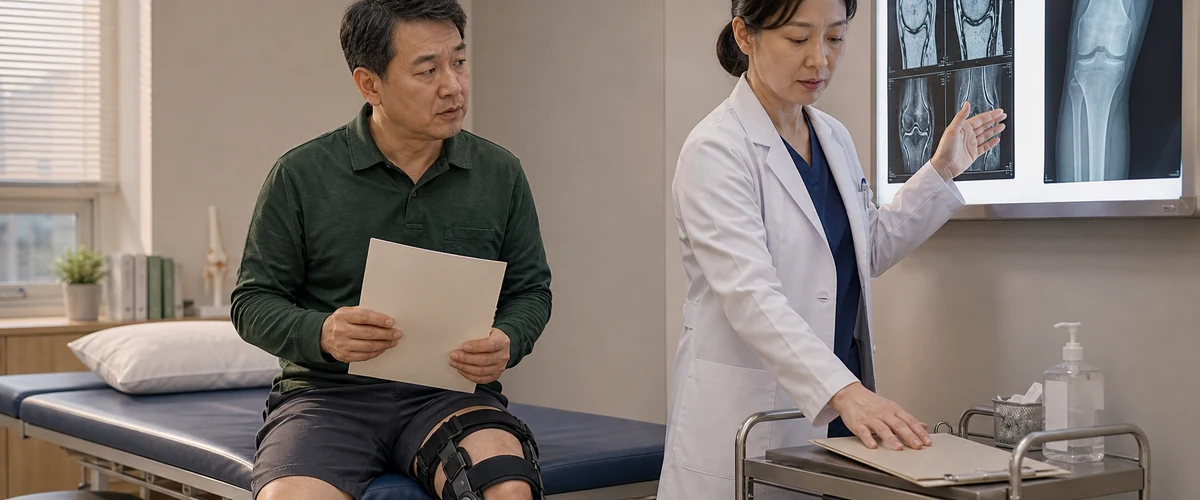 진료실에서 무릎 보조기를 한 남성이 서류를 든 채 앉아 있고 의사가 무릎 영상 사진을 가리키고 있다