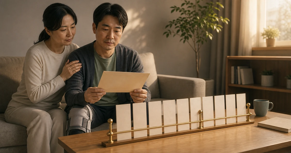 요양 중에 통지서를 받아 든 근로자와 곁에서 어깨를 짚은 배우자