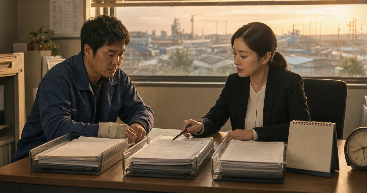 결재함에 나뉜 서류를 앞에 두고 근로자와 담당자가 처리 단계를 확인하는 모습