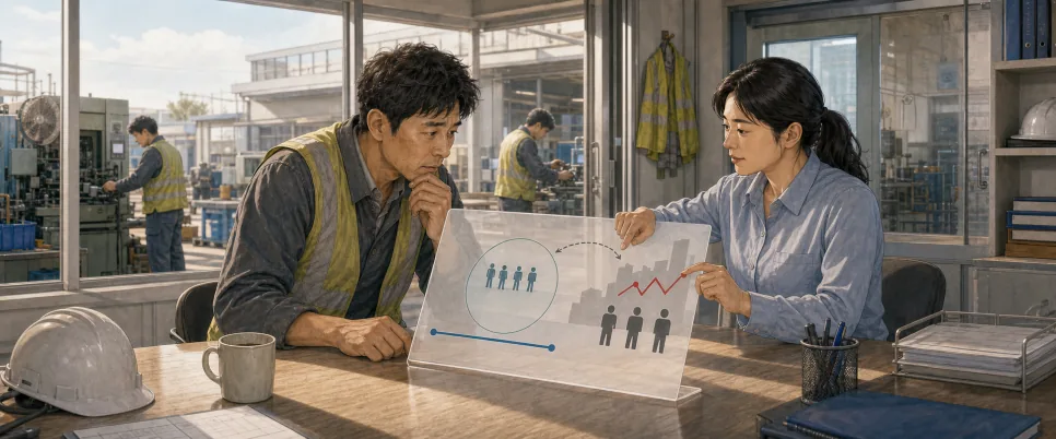 사무실에서 담당자가 인원 규모에 따라 보험료율이 달라지는 그림을 사업주에게 설명하고 있다