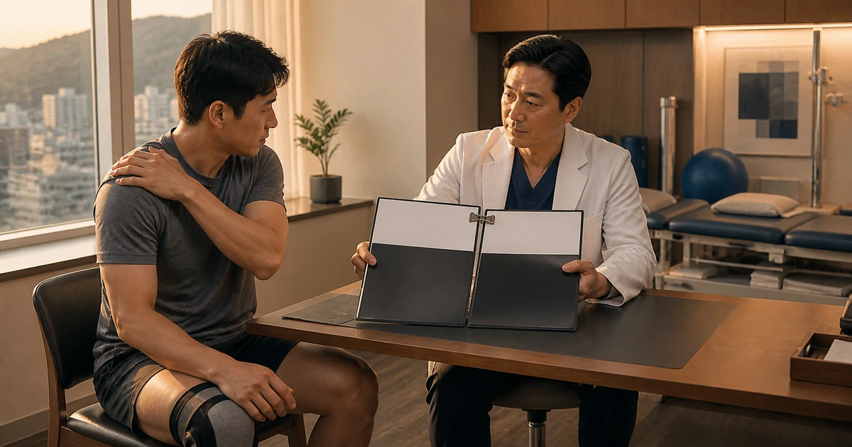 무릎 치료 중에 어깨 통증을 호소하는 근로자와 진료기록을 펼친 의사