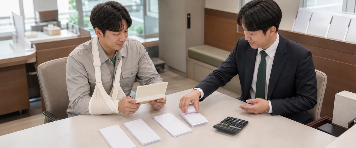 팔에 삼각건을 한 남성과 담당자가 급여명세서 묶음을 나눠 놓고 계산기로 금액을 맞춰 보고 있다
