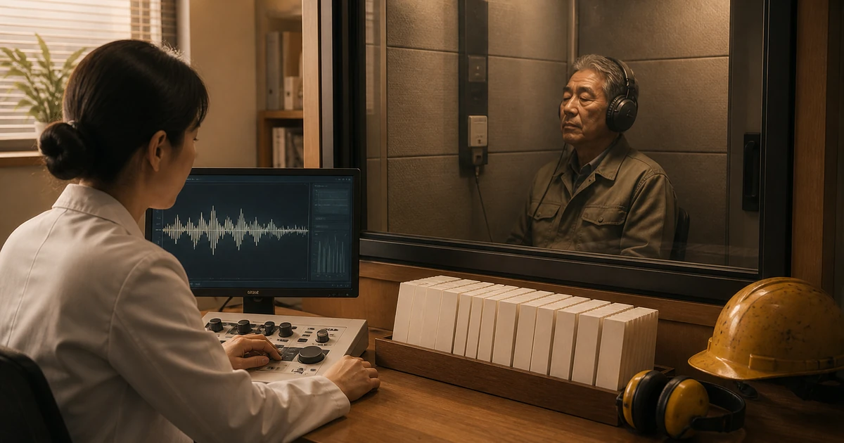 방음실에서 순음청력검사를 받는 근로자와 밖에서 파형을 보는 검사자