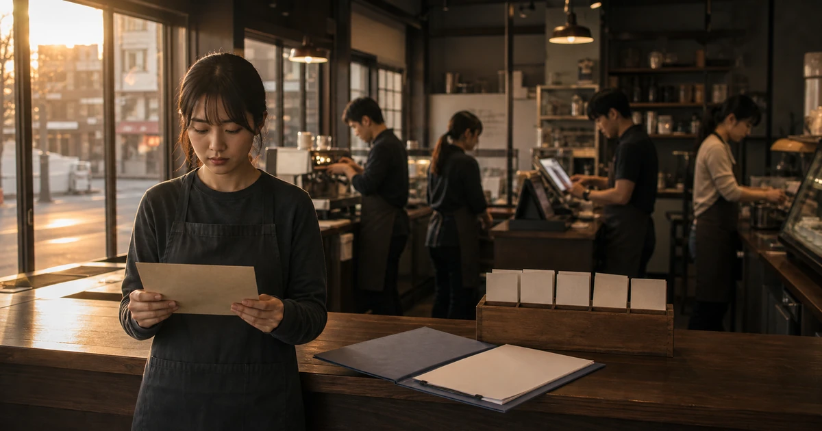 카페에서 통보서를 받아 든 아르바이트 직원과 뒤에서 일하는 동료 넷