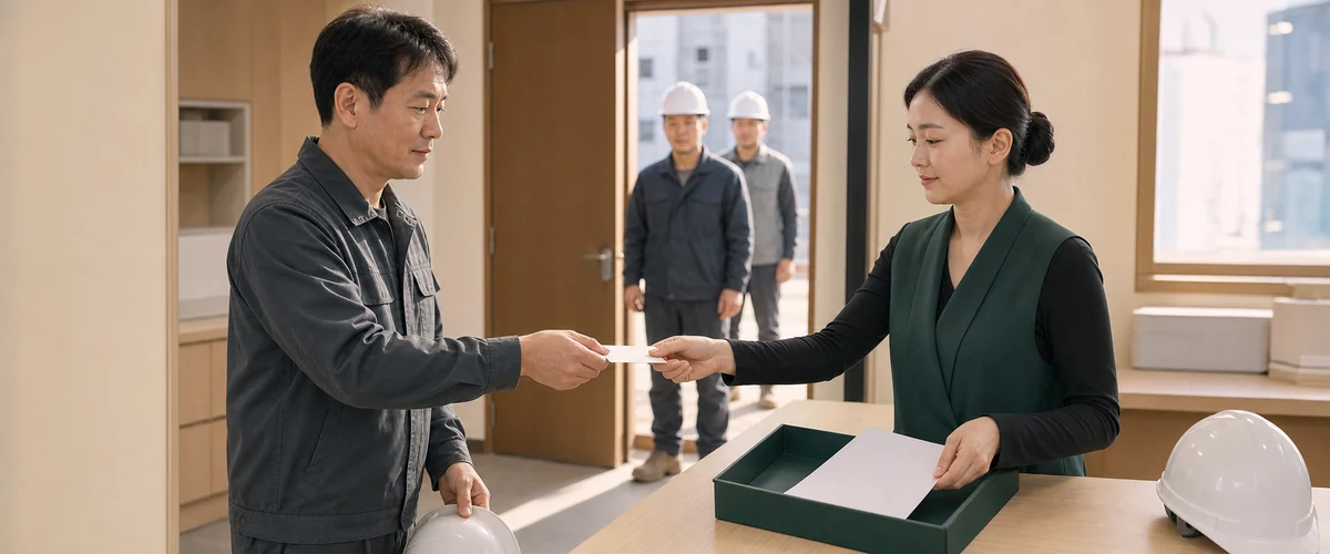현장 사무실에서 여러 달치 출역 대장을 펼쳐 놓고 근무일수를 세는 담당자