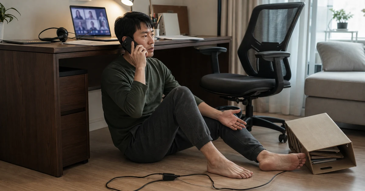 재택근무 중 사고 직후 열린 업무 화면을 둔 채 관리자에게 전화로 보고하는 근로자