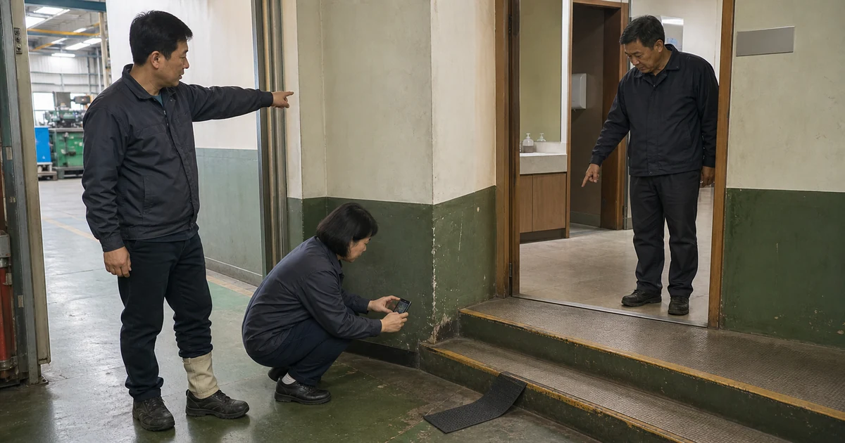 사업장 복도에서 근로자와 안전담당자가 화장실 이동 경로와 사고 지점을 확인하는 모습