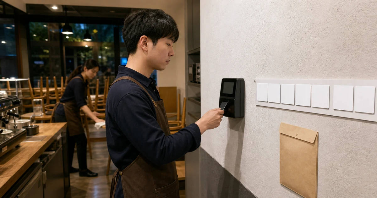 카페 아르바이트 근로자가 퇴근 기록과 한 주 근무일을 확인하는 모습