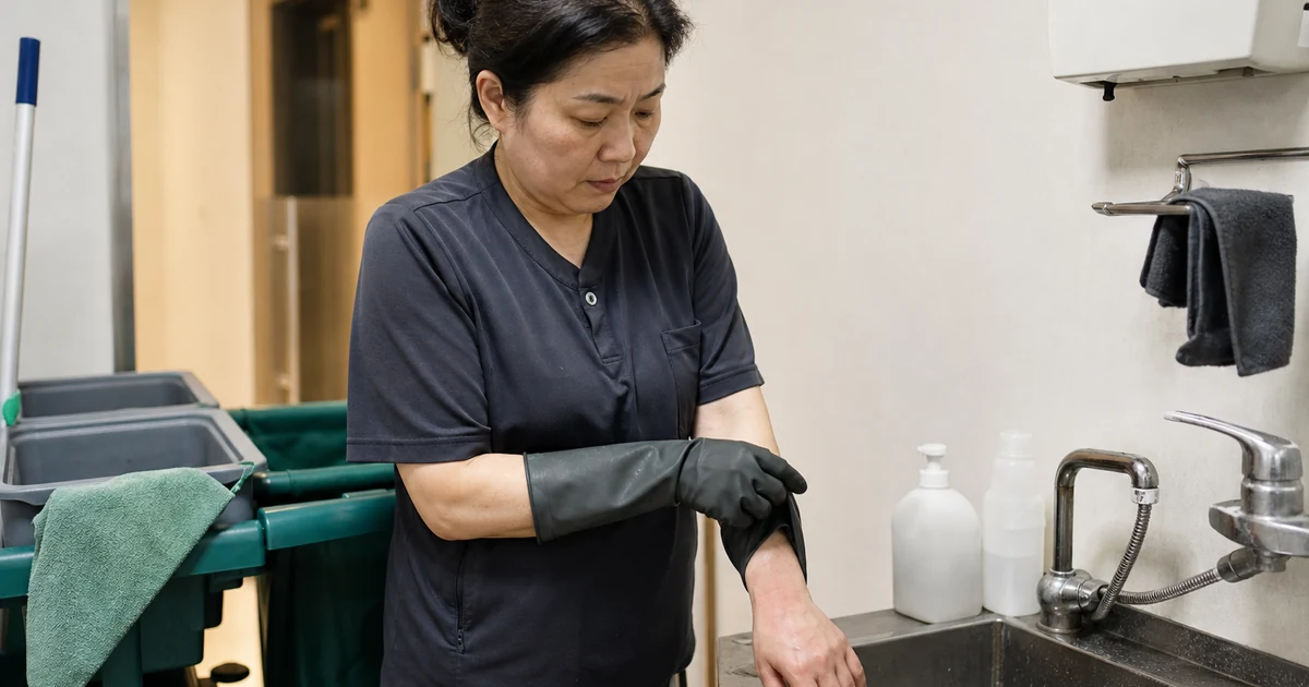 청소를 마친 근로자가 방수장갑을 벗고 붉고 건조해진 손목 피부를 살펴보는 모습