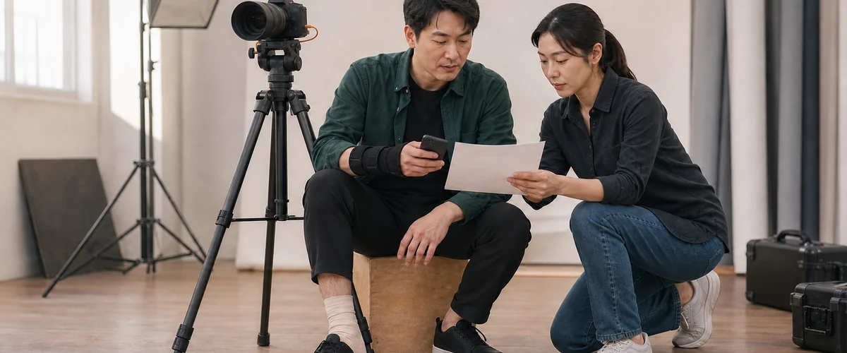 촬영 스튜디오에서 손목 보호대와 발목 붕대를 한 남성이 앉아 서류를 보고 옆에서 여성이 함께 들여다보고 있다