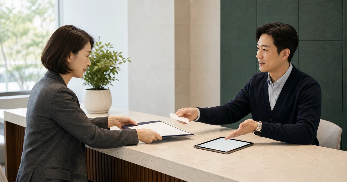 건설사 보험 담당자가 이미 제출한 신고서와 수정할 계산표를 비교하고 환급 계좌 서류를 함께 확인하고 있다