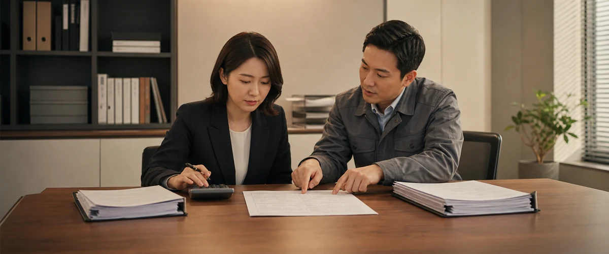 사무실 책상에서 담당자와 작업복 차림 남성이 서류를 함께 짚어 보고, 양옆에 두꺼운 서류철이 놓여 있다