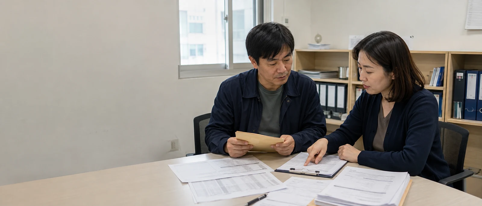 임금이 체불된 근로자가 노무 담당자와 대지급금 신청 자료를 확인하는 모습
