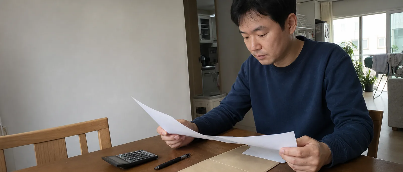 퇴직한 근로자가 집에서 급여와 퇴직금 관련 서류를 계산기와 함께 확인하는 모습
